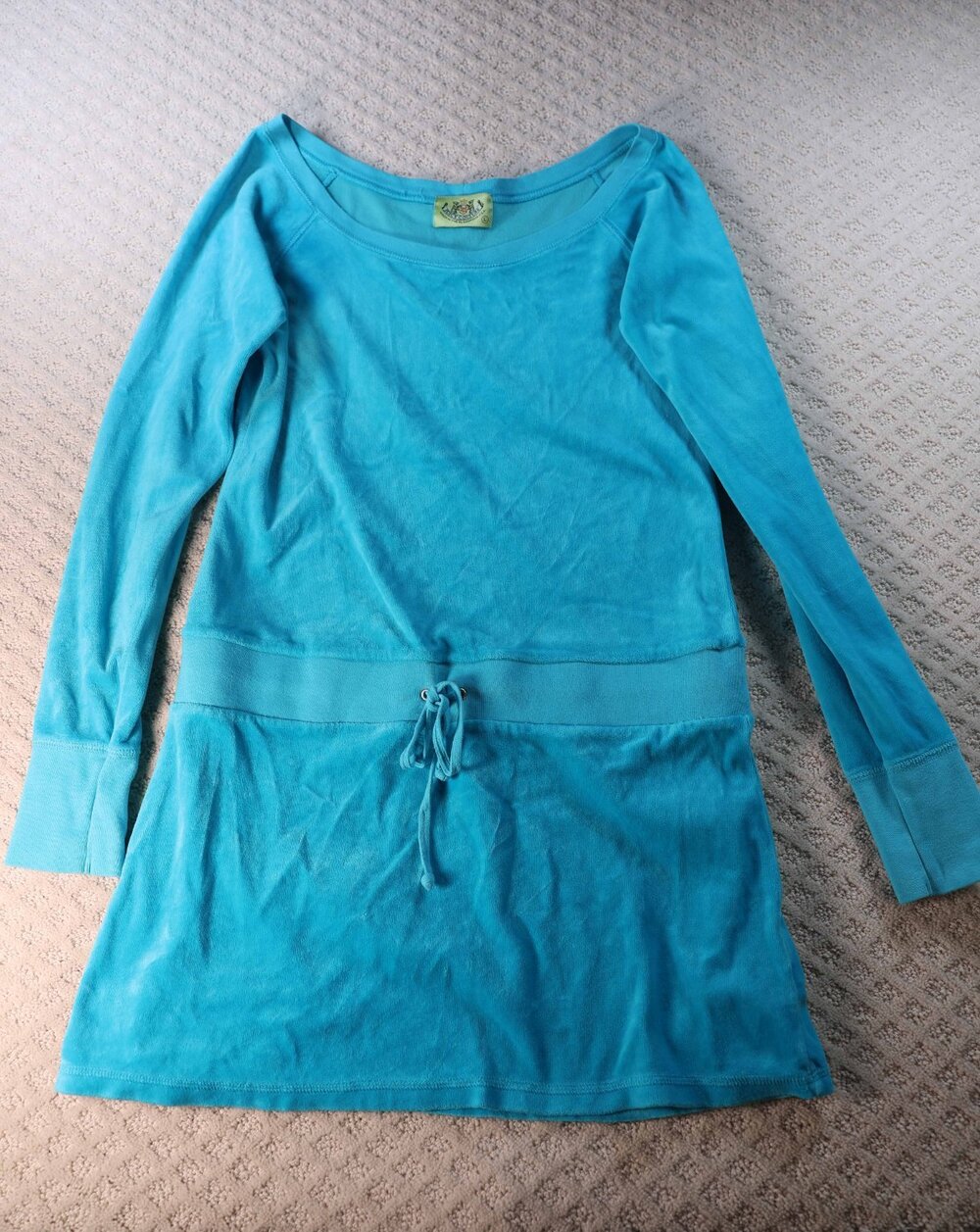 Juicy Couture Vintage Velour Mini Dress Blue Long Sleeve Drop Waist Y2K Size L